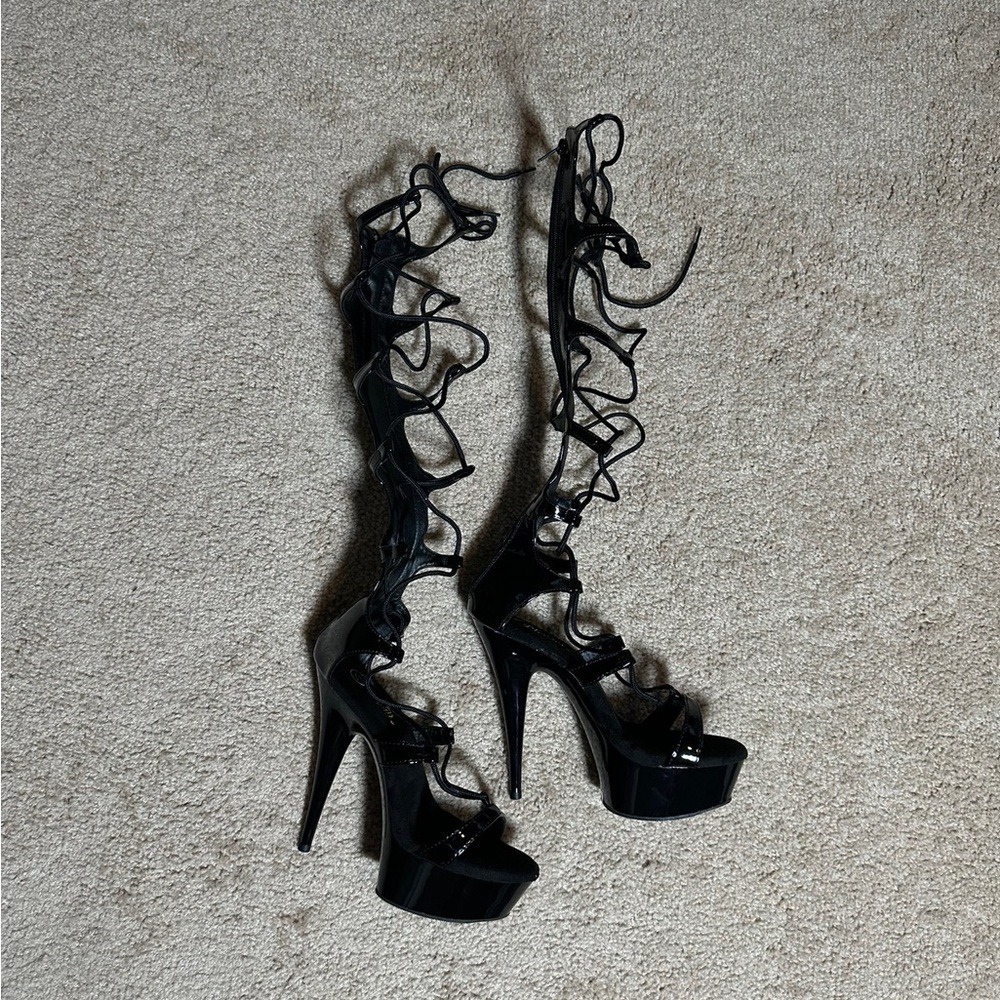 Pleaser Black Lace-Up Platform Heels - Picture 2 of 5